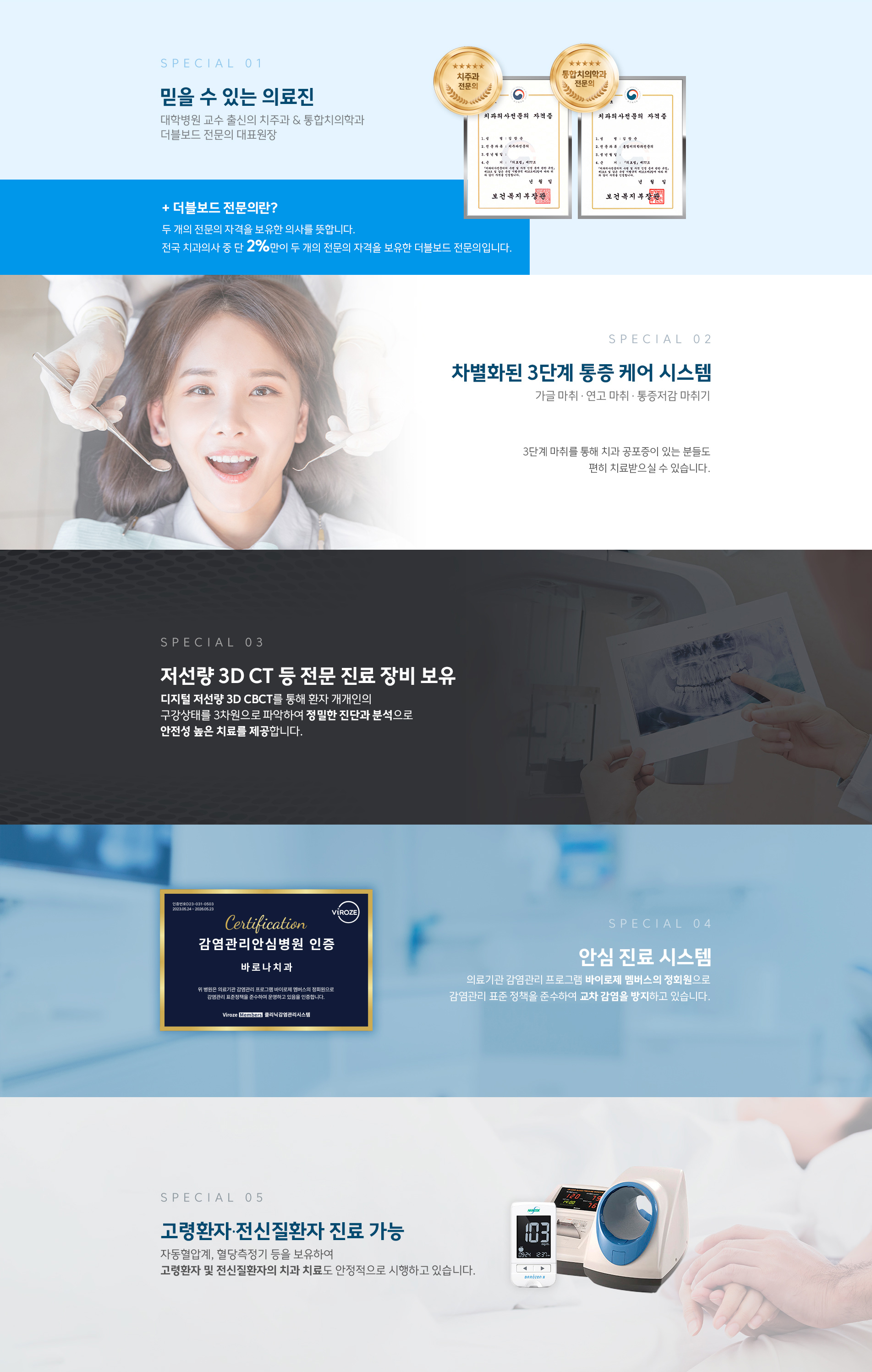 믿을 수 있는 의료진 | 3단계 틍증 케어 시스템 | 전문 진료 장비 보유 | 고령,전신질환자 진료 가능 